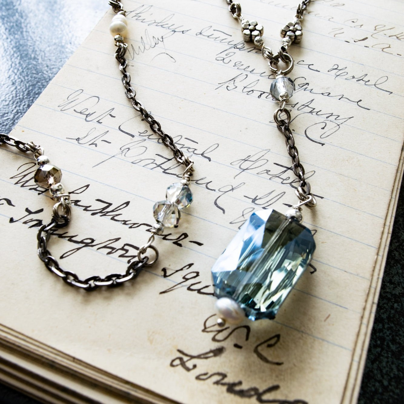 Expressions in Blue, Gunmetal Chain Necklace, with Emerald Cut Crystal Pendant