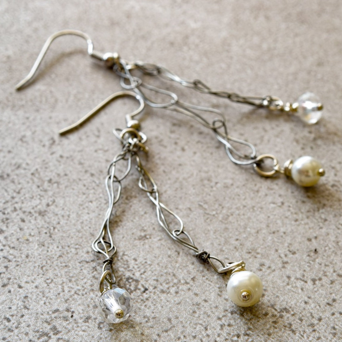 Soft Rain, Woven Wire Double Dangle Earrings