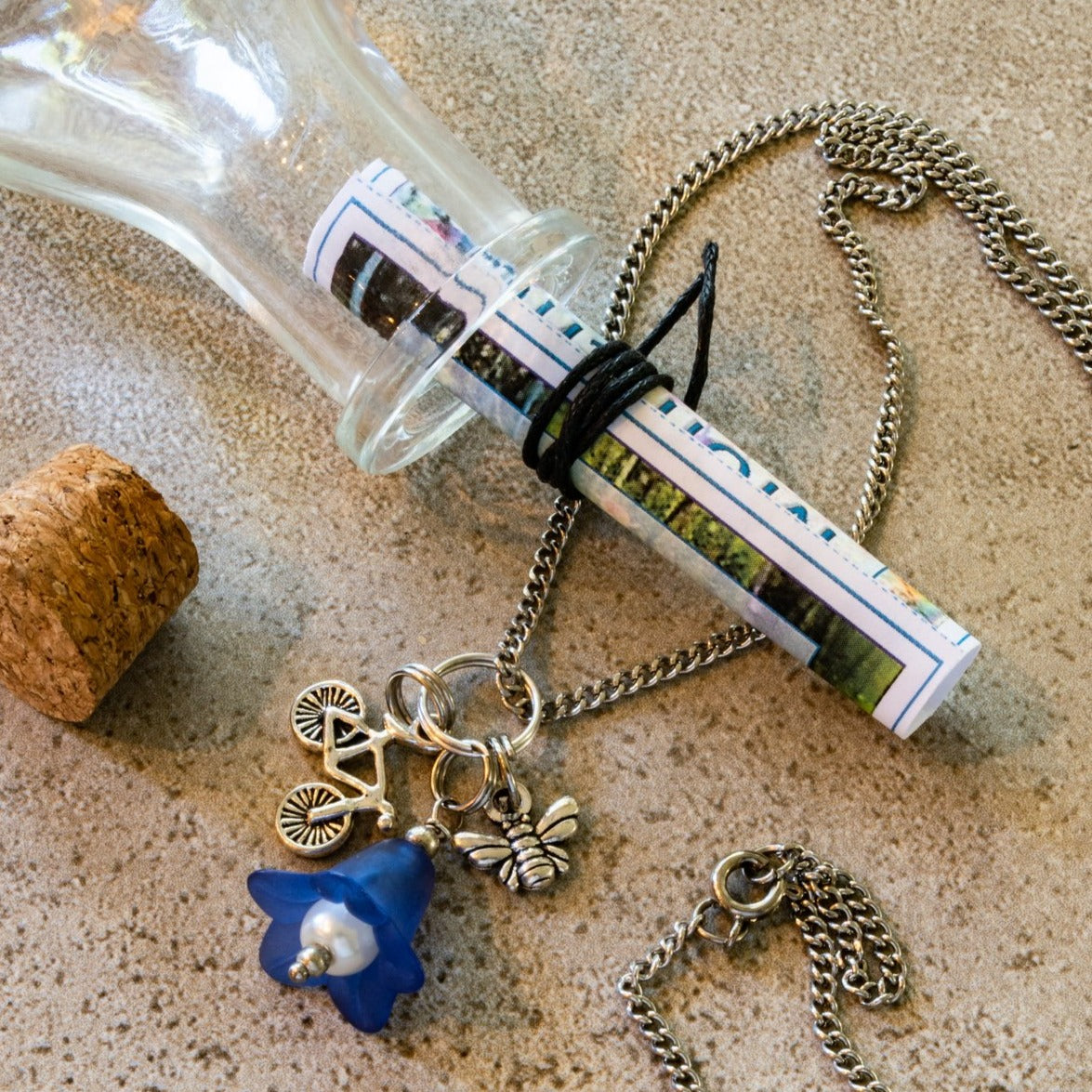 Message in a Bottle, Glass Bottle with Necklace and Printed Paper Collect Beautiful Moments Message