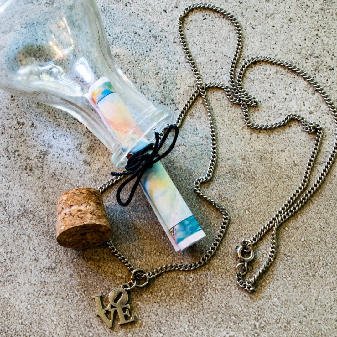 Message in a Bottle, Glass Bottle with Necklace and Printed Paper "Love Makes All Things Easy" Message