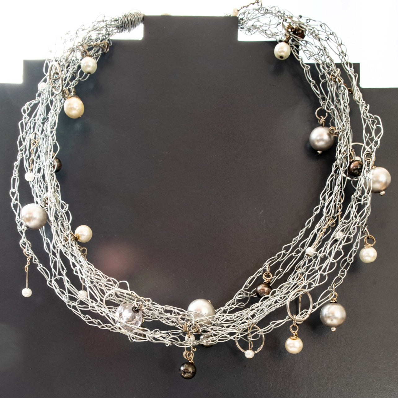 Rain Drops, Woven Steel Necklace with Clear, White, Silver, and Gray Beads