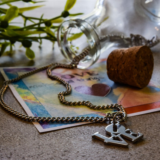 Message in a Bottle, Glass Bottle with Necklace and Printed Paper "Love Makes All Things Easy" Message