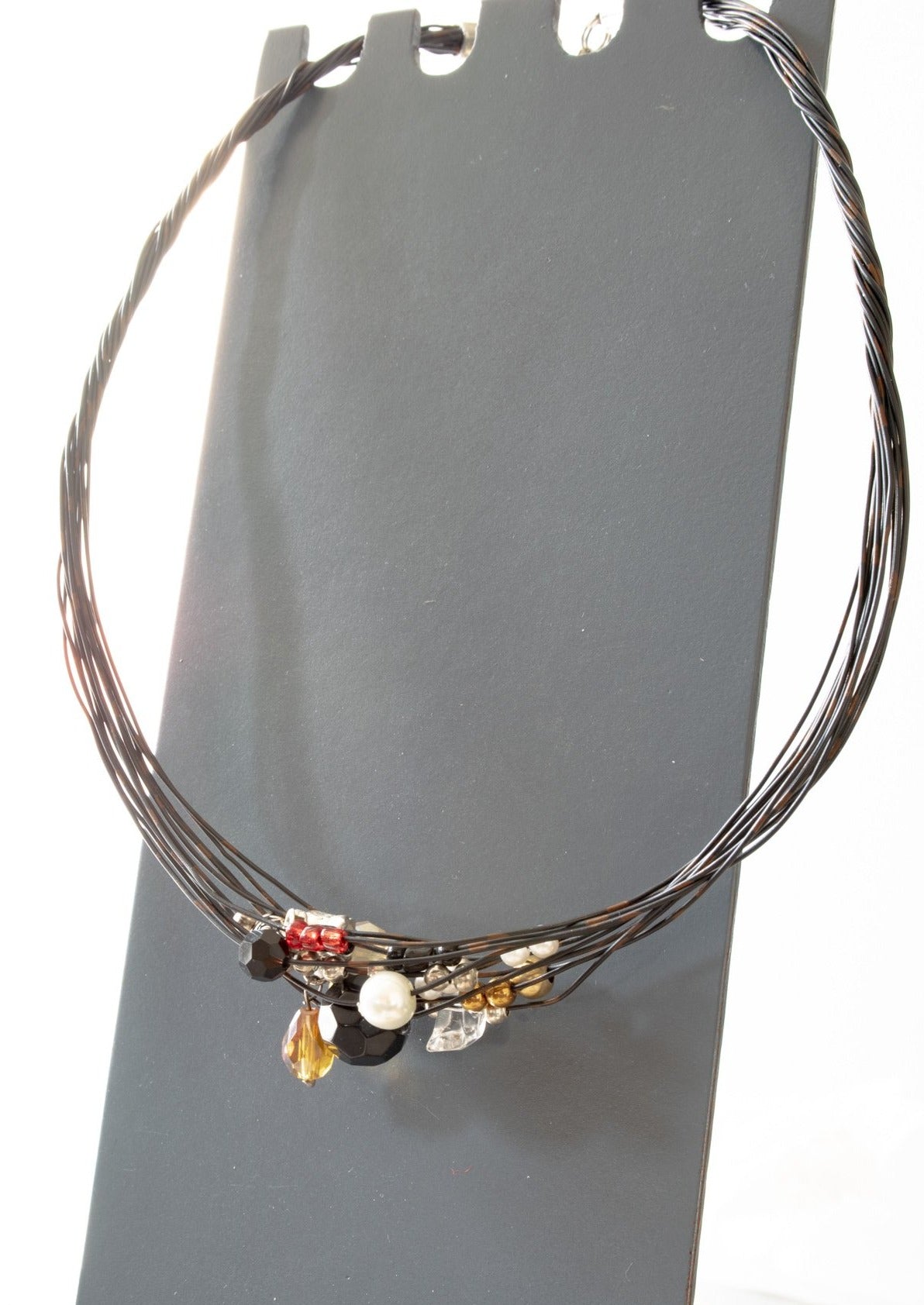 Strands, Black and Brown Wire Necklace with Beads, Crystals, and Stones