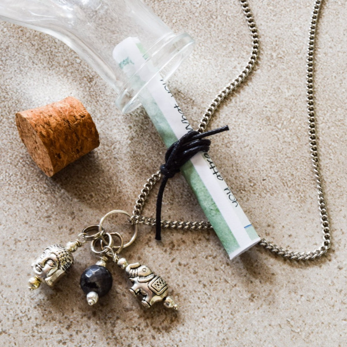 Message in a Bottle, Glass Bottle with a Necklace and What You Think Message