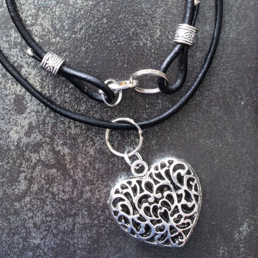 Wonderful Things, Adjustable Black Leather Necklace with a Large Silver Filigree Heart