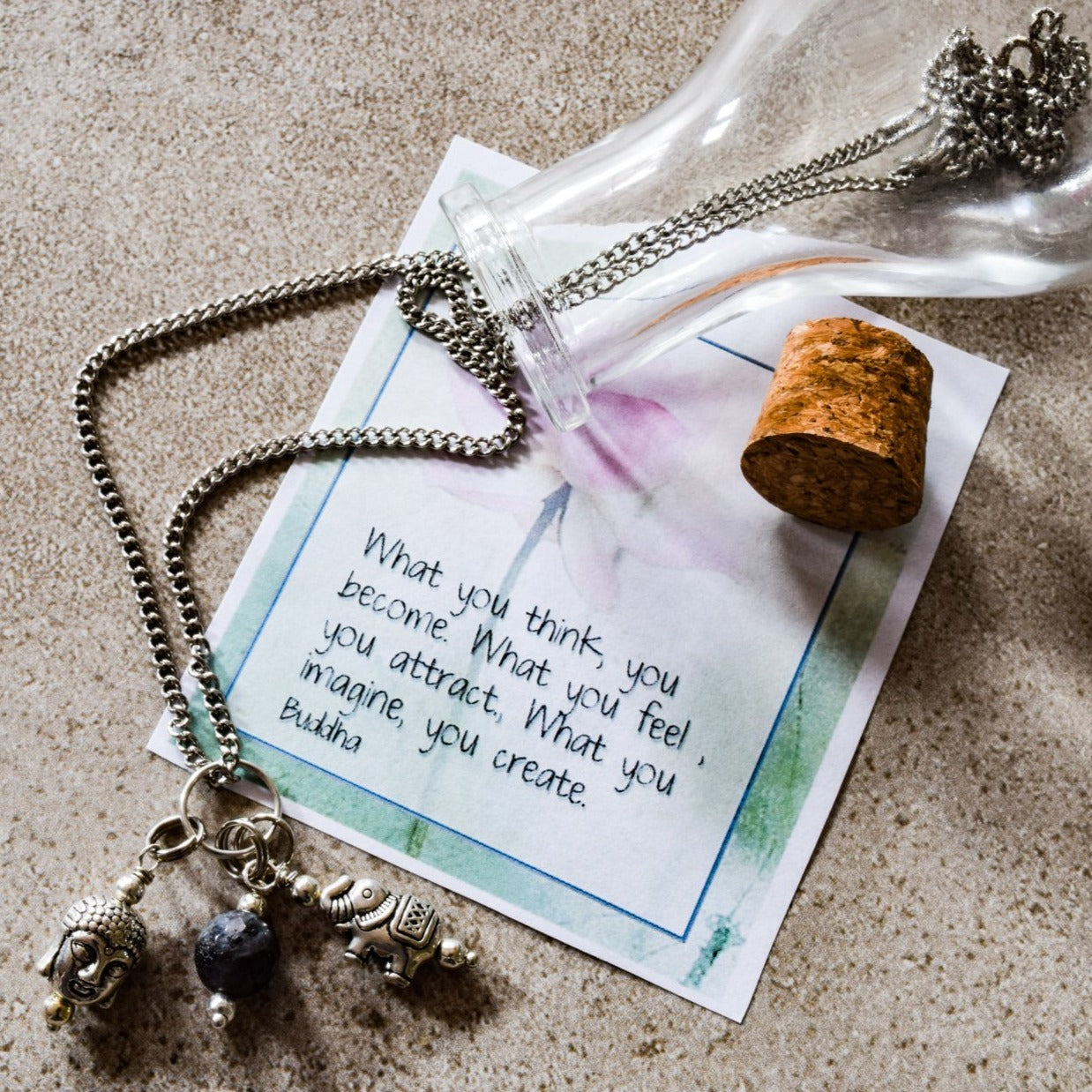 Message in a Bottle, Glass Bottle with a Necklace and What You Think Message