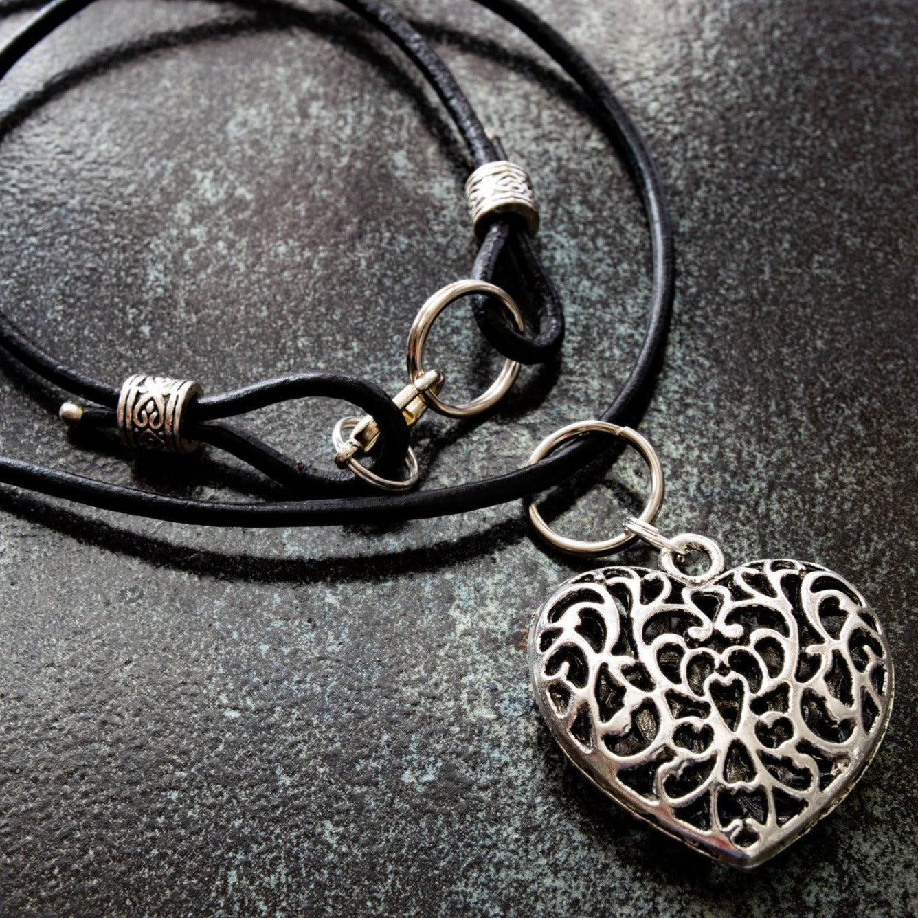 Wonderful Things, Adjustable Black Leather Necklace with a Large Silver Filigree Heart