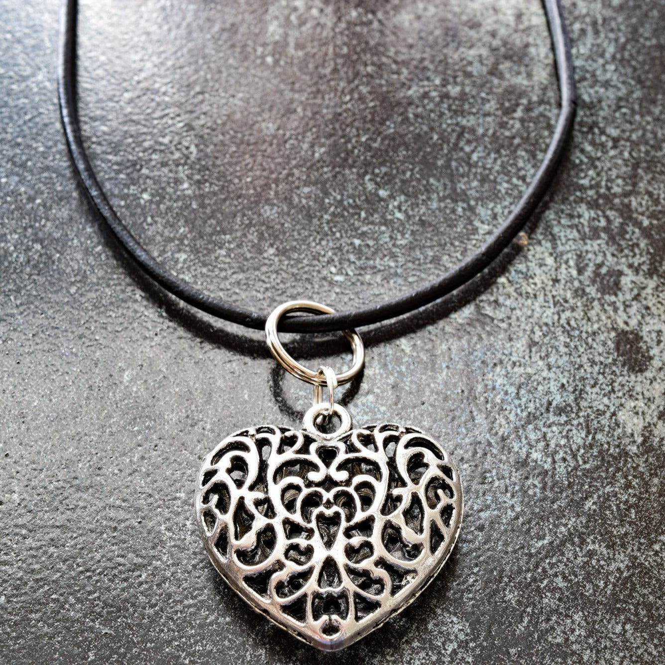 Wonderful Things, Adjustable Black Leather Necklace with a Large Silver Filigree Heart