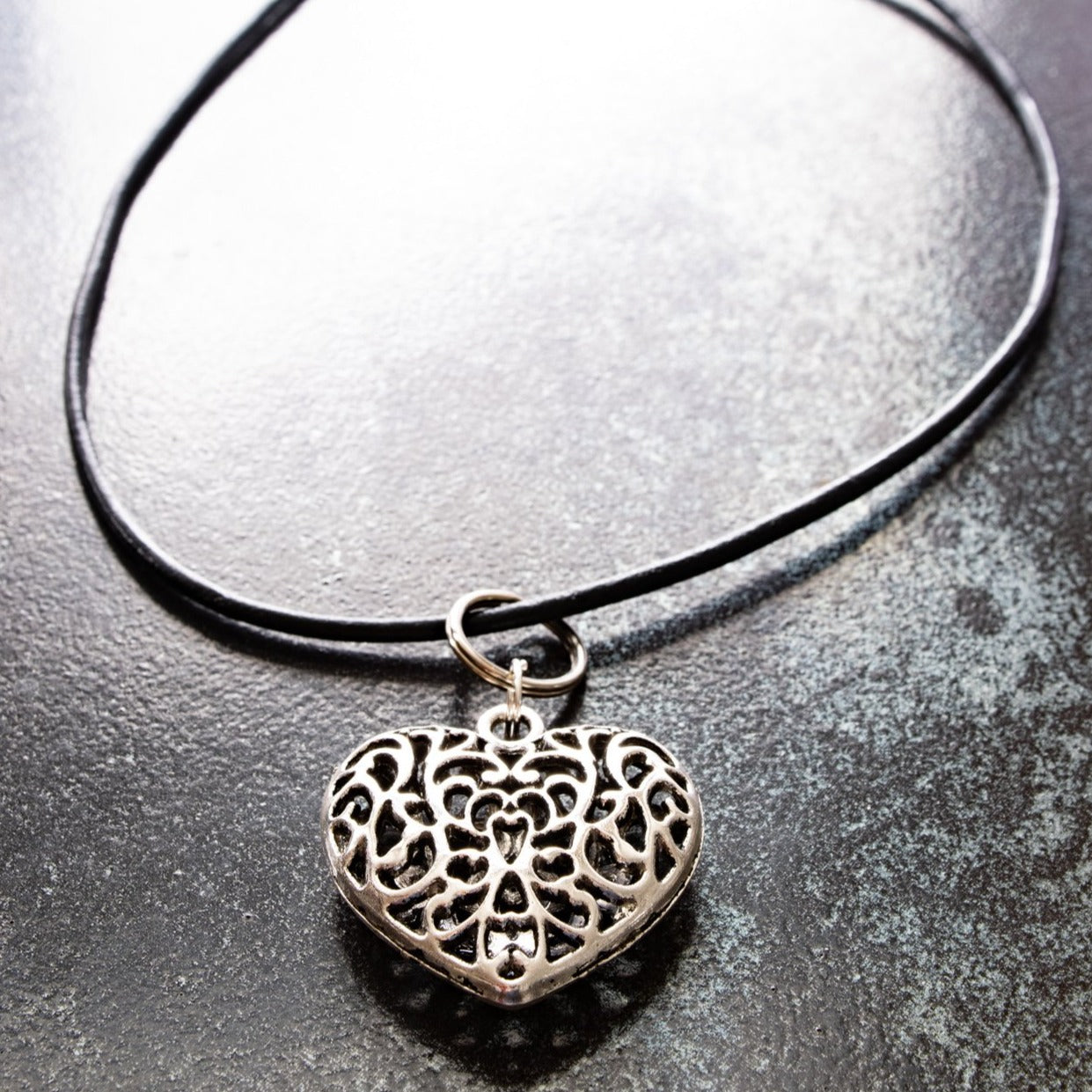 Wonderful Things, Adjustable Black Leather Necklace with a Large Silver Filigree Heart