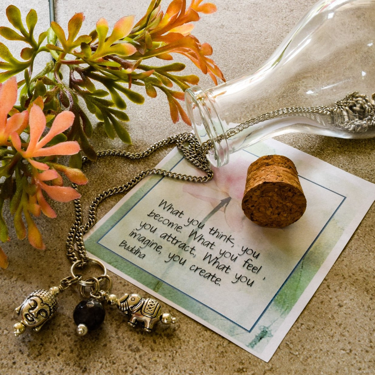 Message in a Bottle, Glass Bottle with a Necklace and What You Think Message