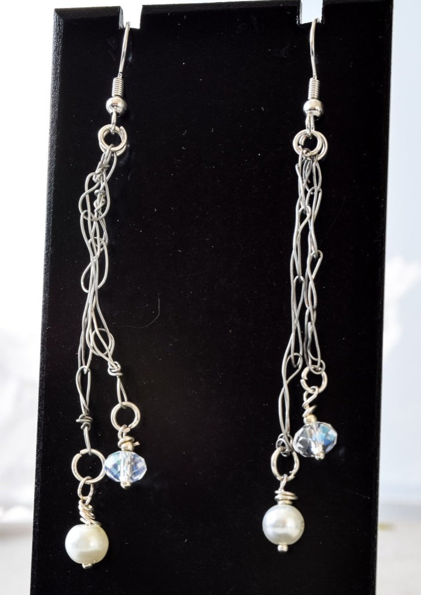 Soft Rain, Woven Wire Double Dangle Earrings