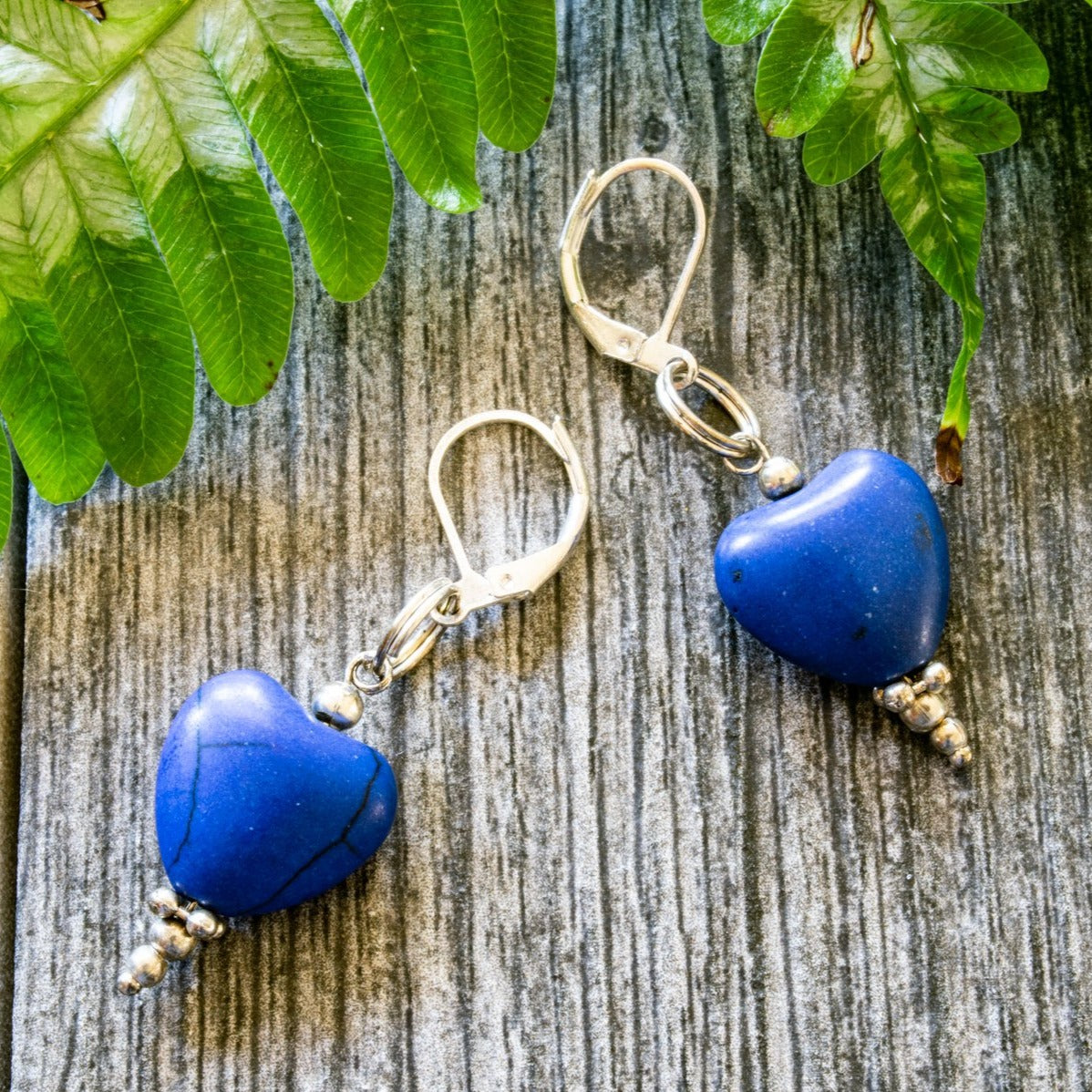 Simplicity, Dangle Earrings with Blue Howlite Heart Shaped Stones