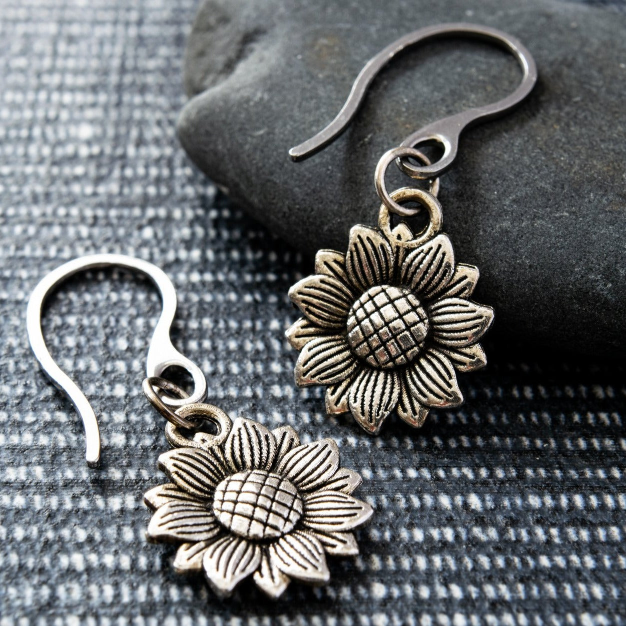 Beginnings, Sunflower Silver Dangle Earrings