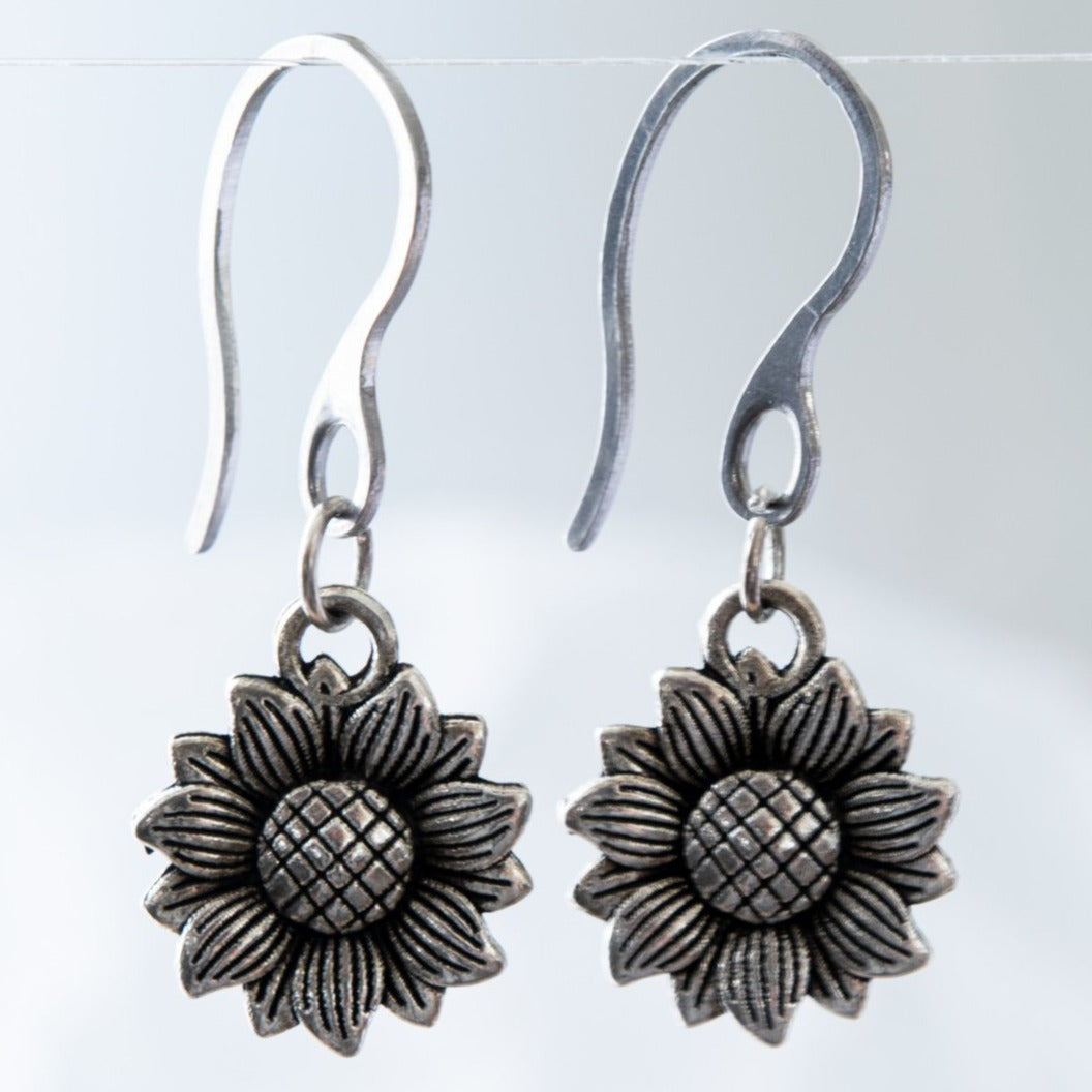 Beginnings, Sunflower Silver Dangle Earrings