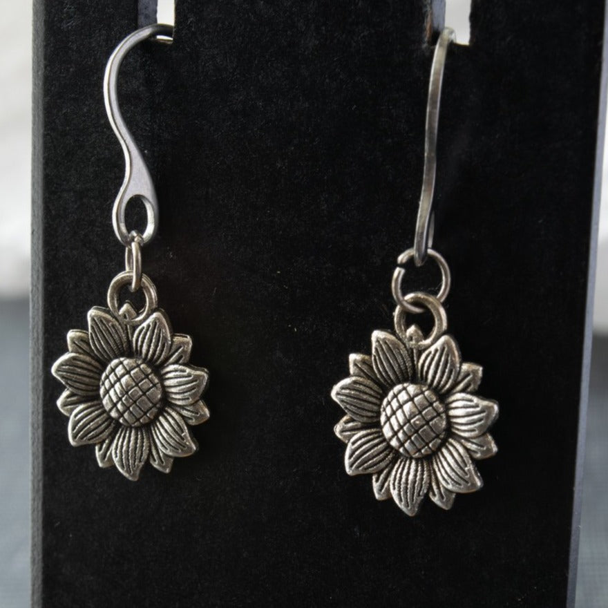 Beginnings, Sunflower Silver Dangle Earrings