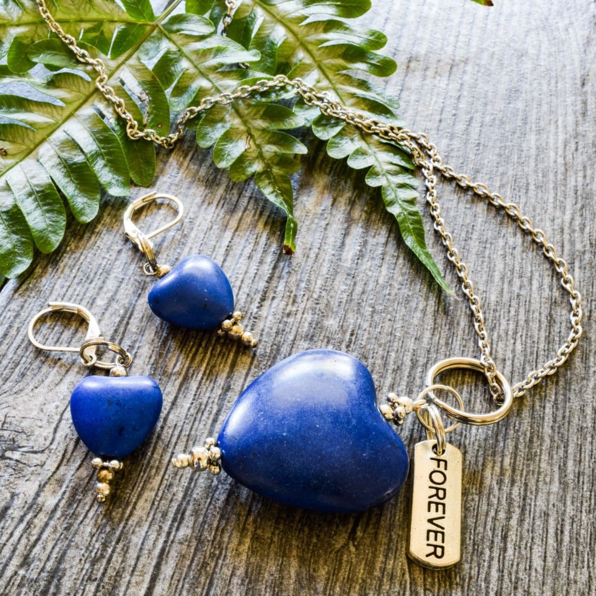 Simplicity, Stainless Steel Pendant Necklace with a Blue Stone Heart Pendant and Forever Charm