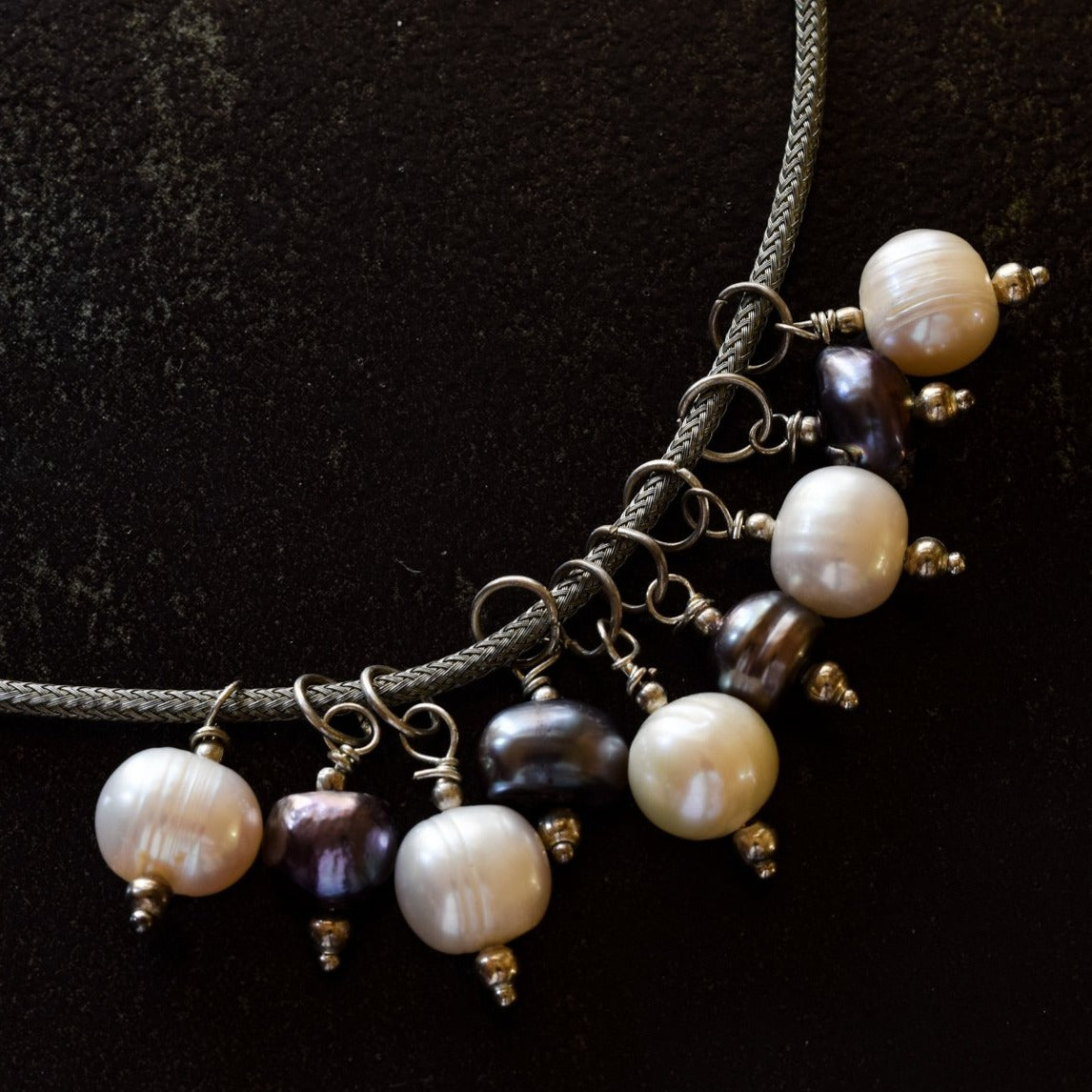 Dancing Pearls, Necklace with White and Prussian Blue Pearls