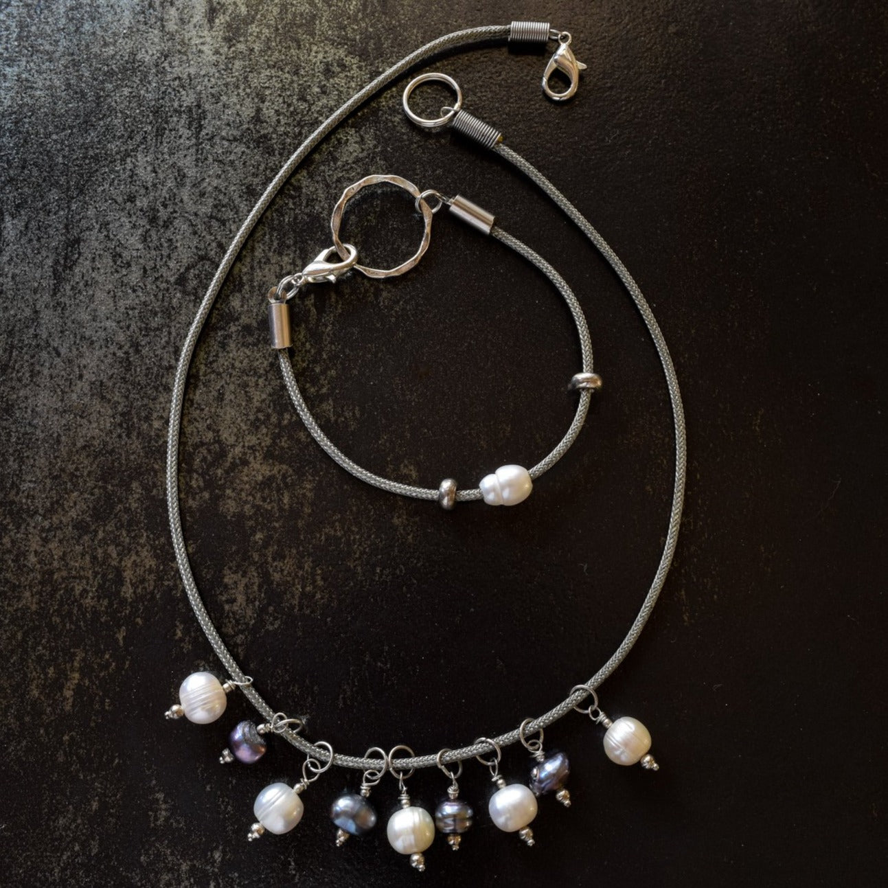 Dancing Pearls, Necklace with White and Prussian Blue Pearls