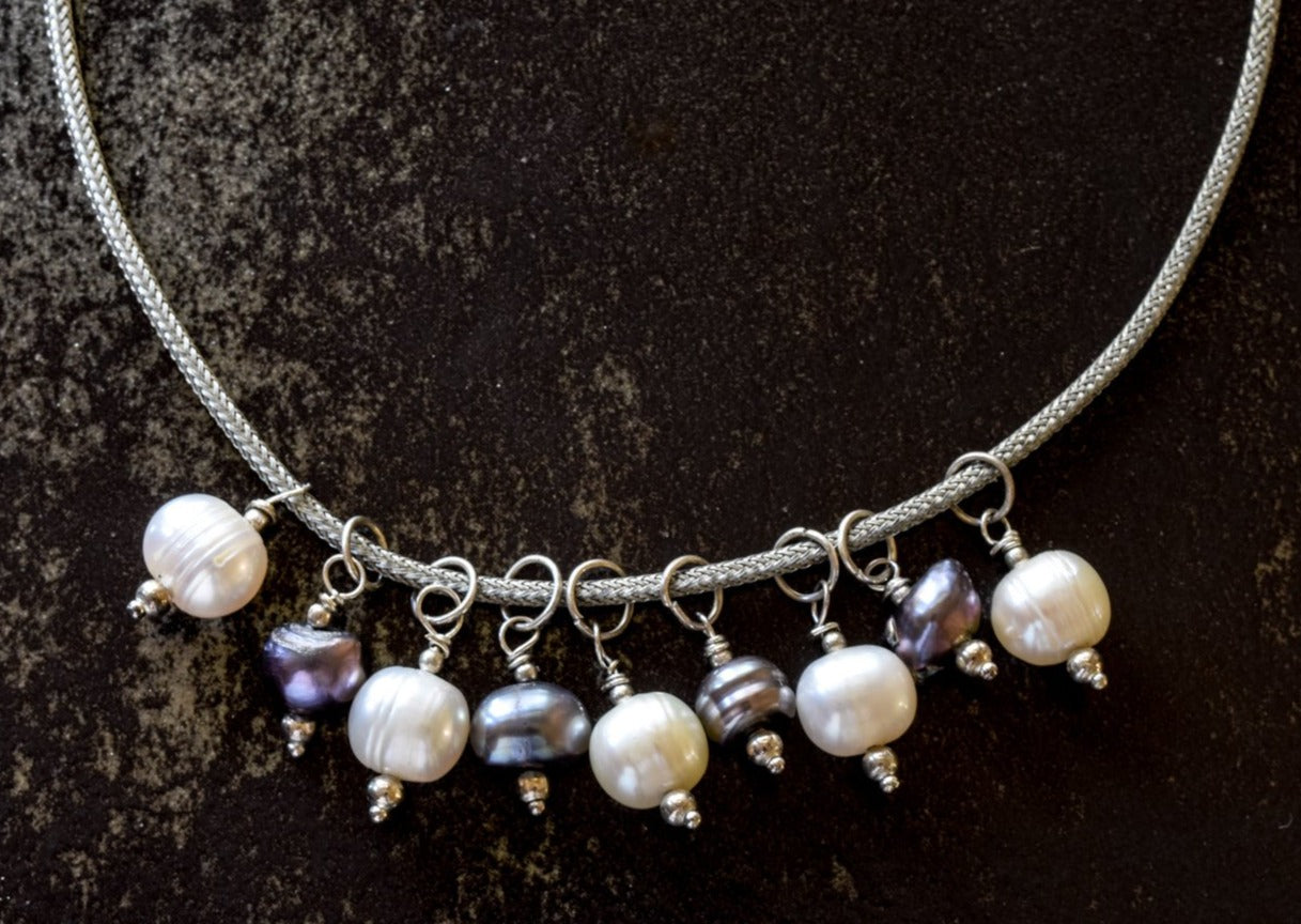 Dancing Pearls, Necklace with White and Prussian Blue Pearls