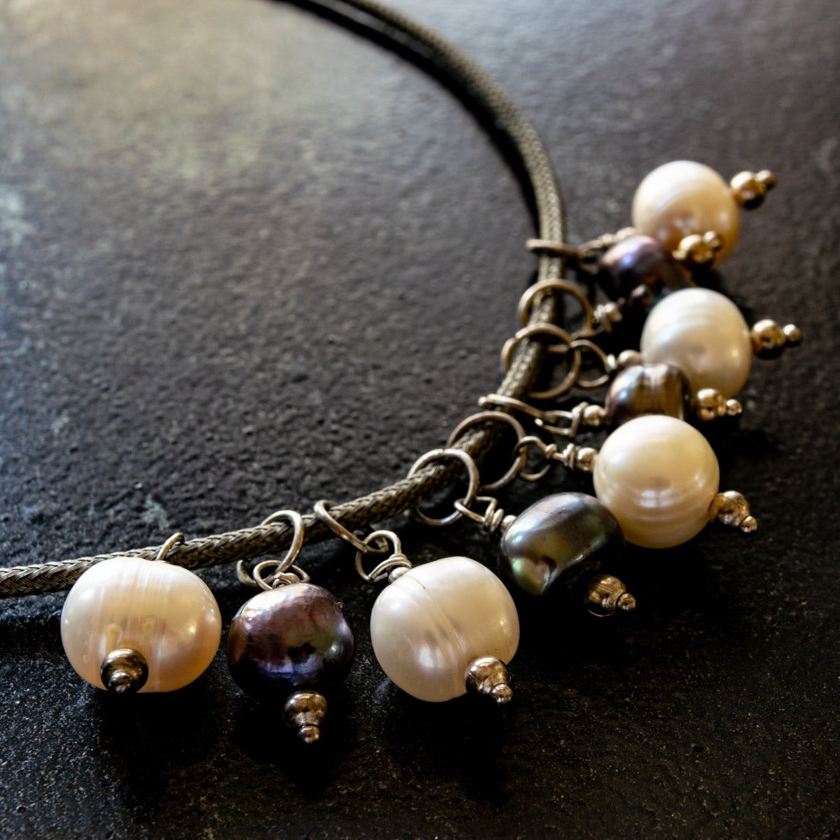 Dancing Pearls, Necklace with White and Prussian Blue Pearls