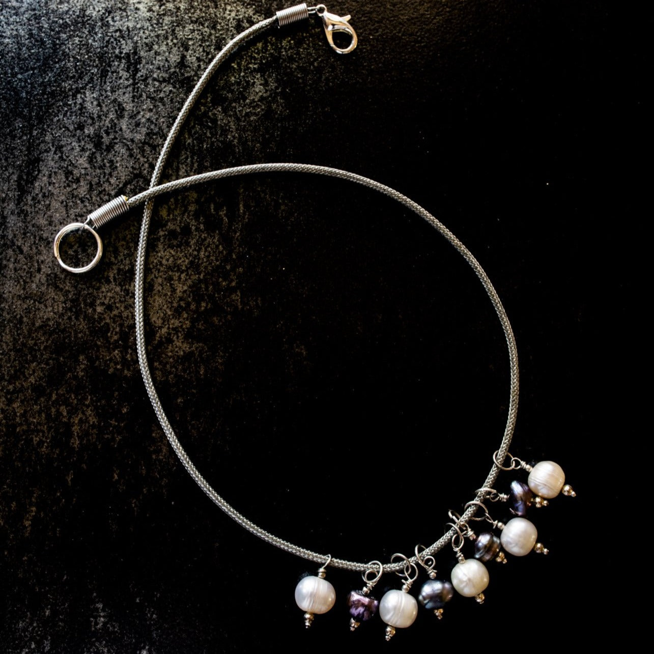 Dancing Pearls, Necklace with White and Prussian Blue Pearls