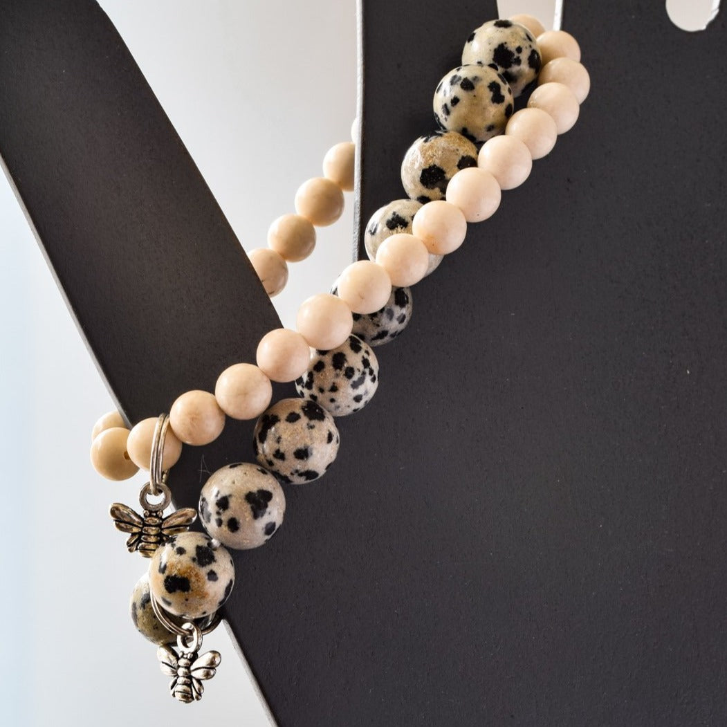 Expressions Dalmatian Black and White Stone Bead Bracelet