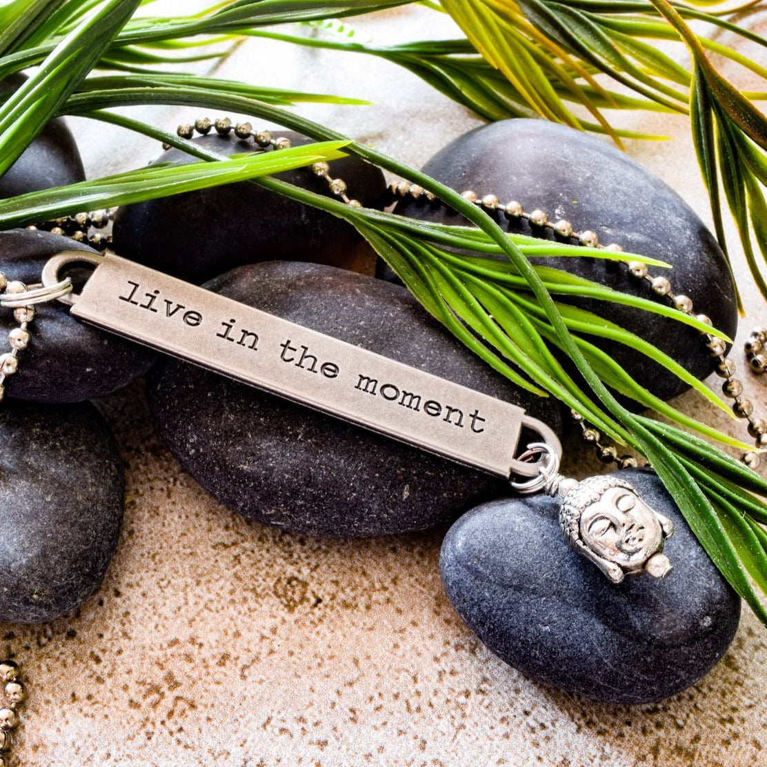 Words to Inspire, Ball Chain Necklace with Tag Engraved "Live in the Moment"