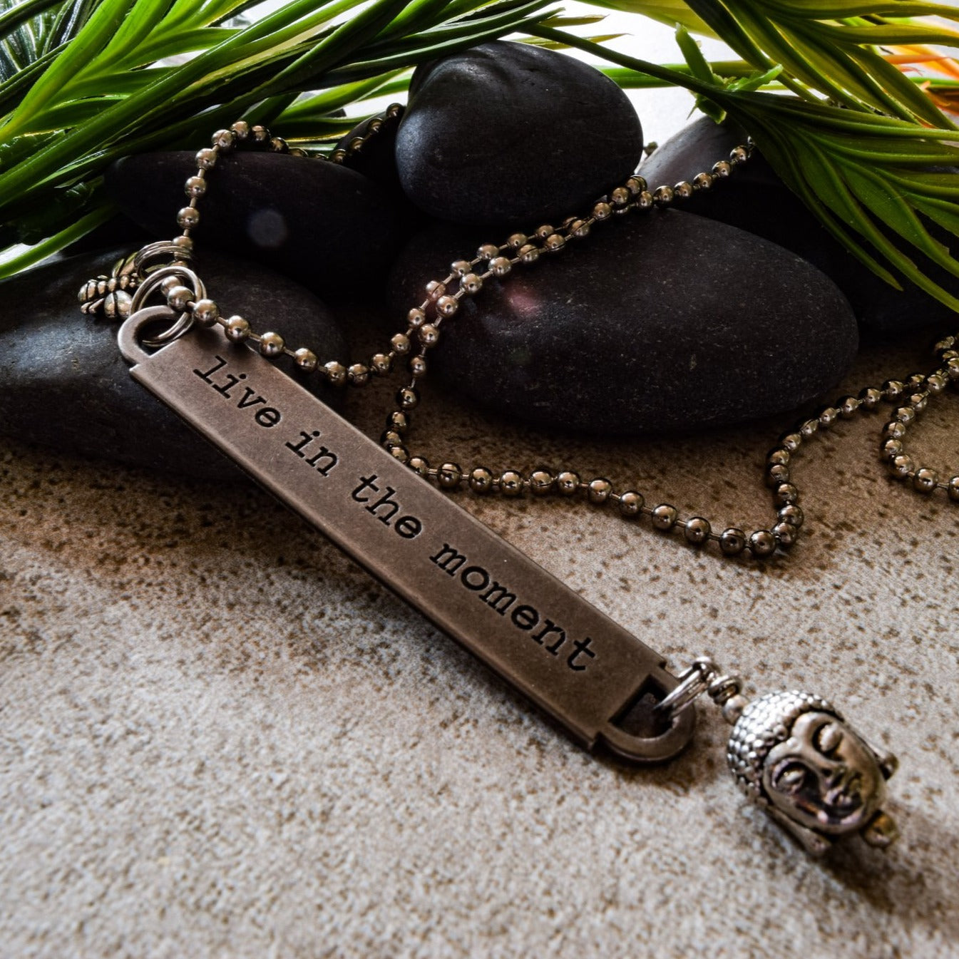 Words to Inspire, Ball Chain Necklace with Tag Engraved "Live in the Moment"