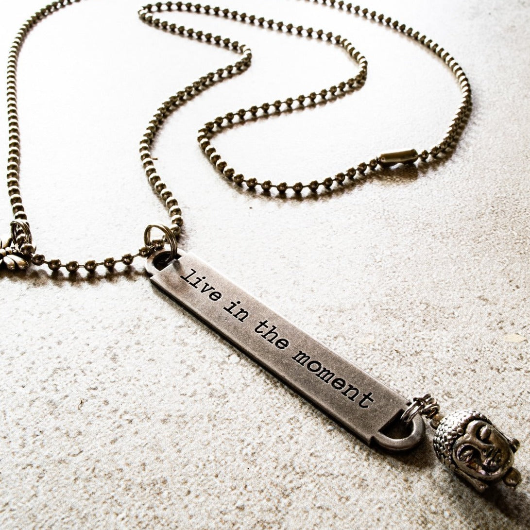 Words to Inspire, Ball Chain Necklace with Tag Engraved "Live in the Moment"