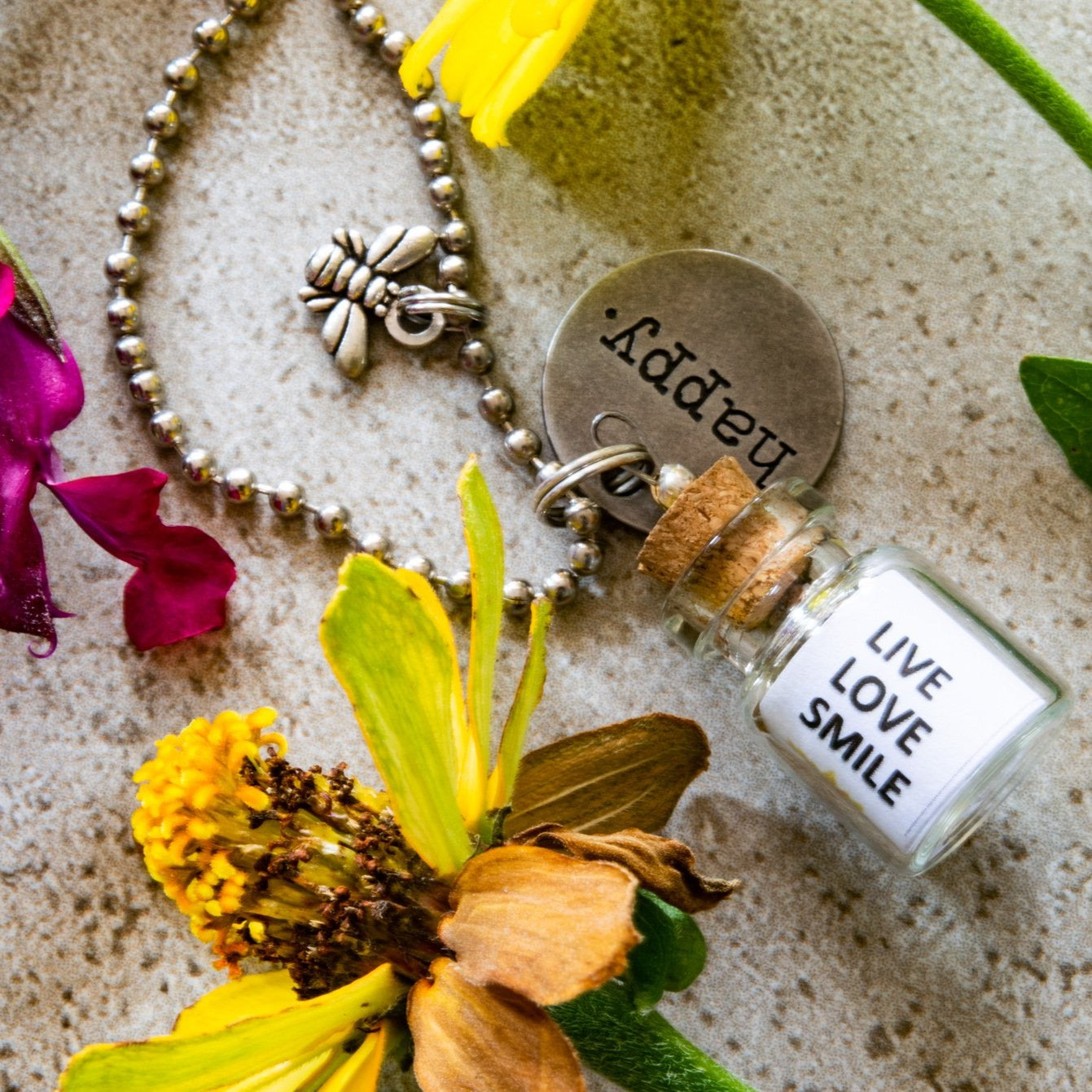 Little Messages, Ball Chain Necklace with "Happy" Glass Bottle Pendent