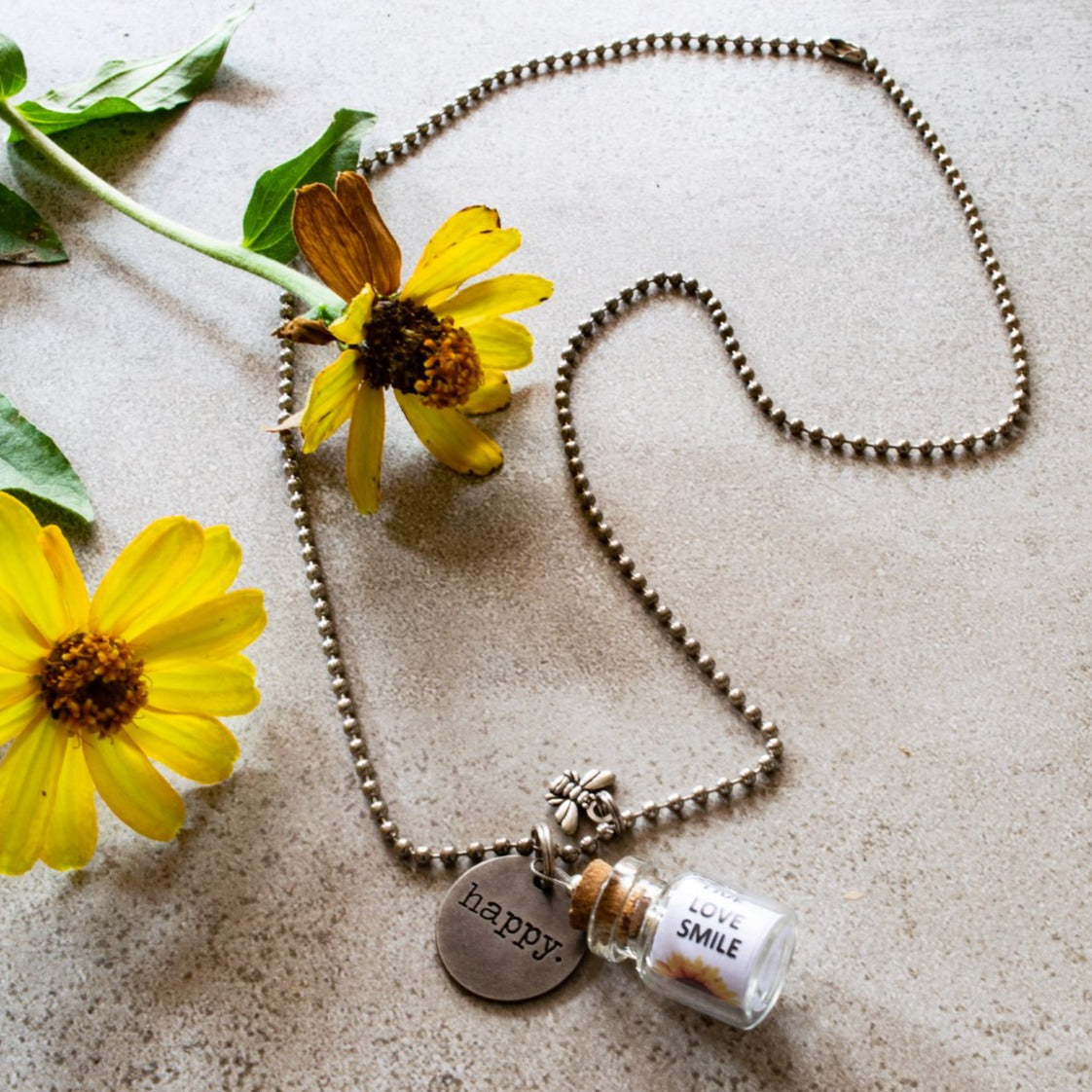 Little Messages, Ball Chain Necklace with "Happy" Glass Bottle Pendent