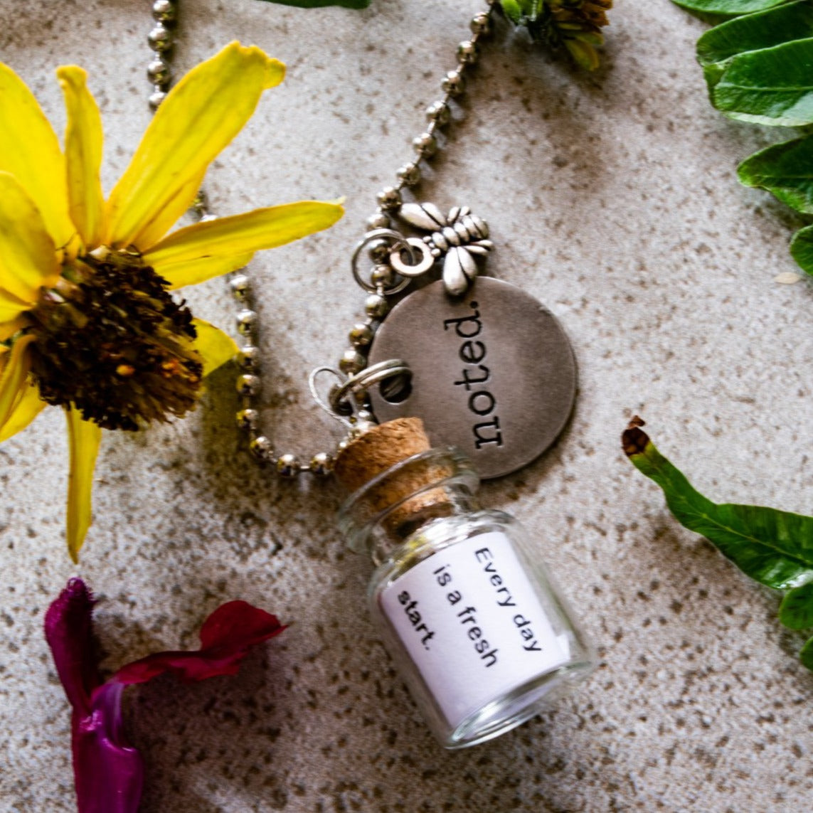 Little Messages, "Noted" Glass Bottle Pendent Ball Chain Necklace