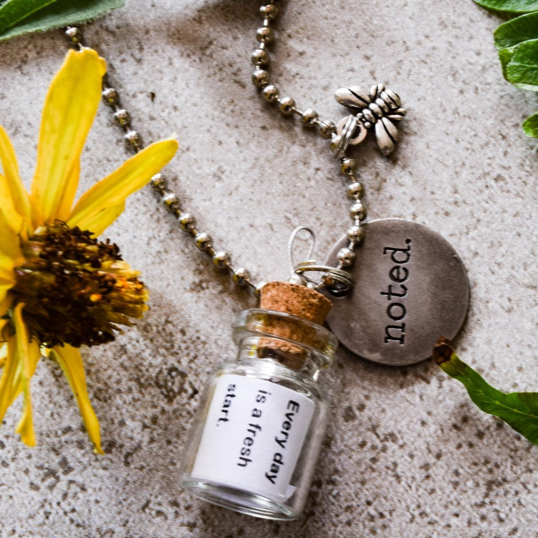 Little Messages, "Noted" Glass Bottle Pendent Ball Chain Necklace