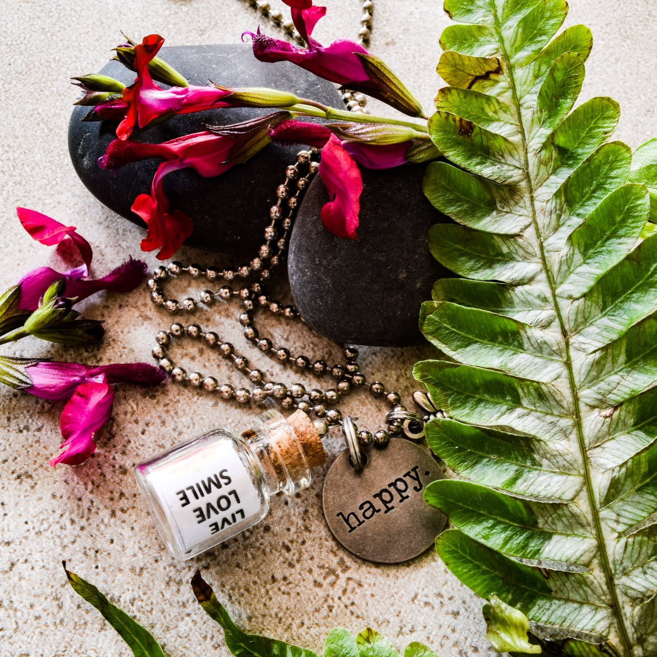 Little Messages, Ball Chain Necklace with "Happy" Glass Bottle Pendent