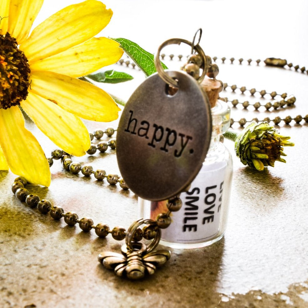 Little Messages, Ball Chain Necklace with "Happy" Glass Bottle Pendent