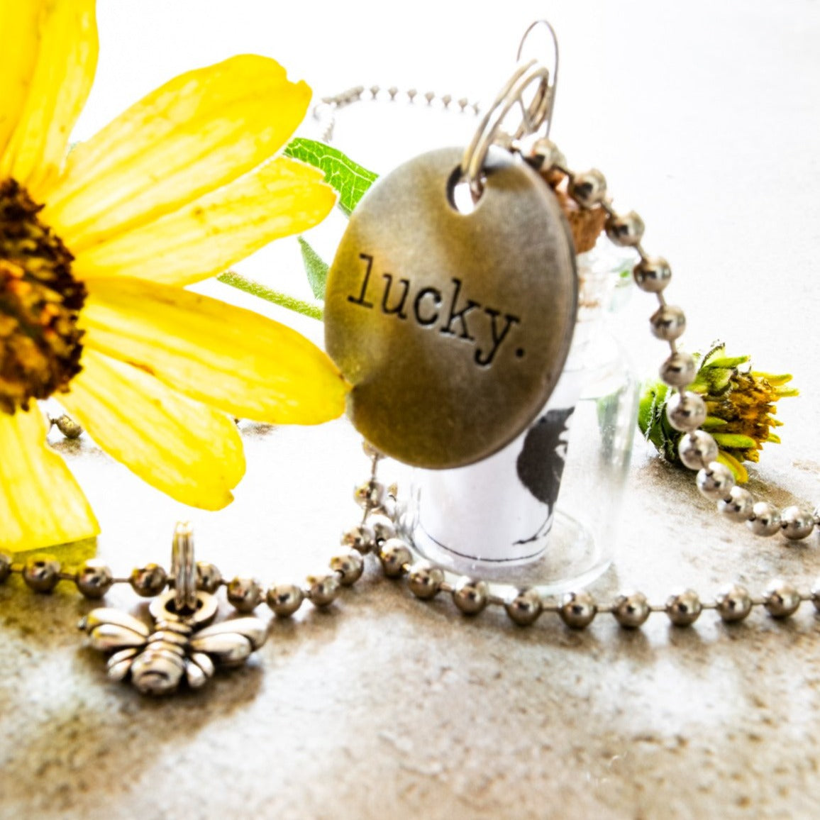 Little Messages, Ball Chain Necklace with ''Black Bird'' Small Glass Bottle Pendent and "Lucky" Tag Charm