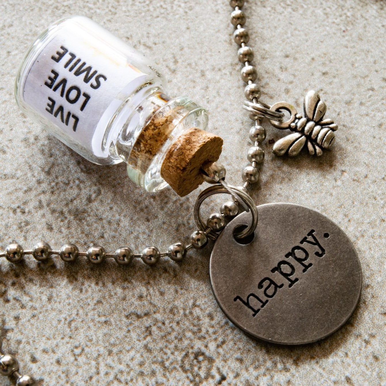 Little Messages, Ball Chain Necklace with "Happy" Glass Bottle Pendent