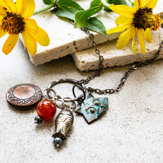 Charming Life, Gun Metal Chain Necklace with assorted Cat Themed Charms