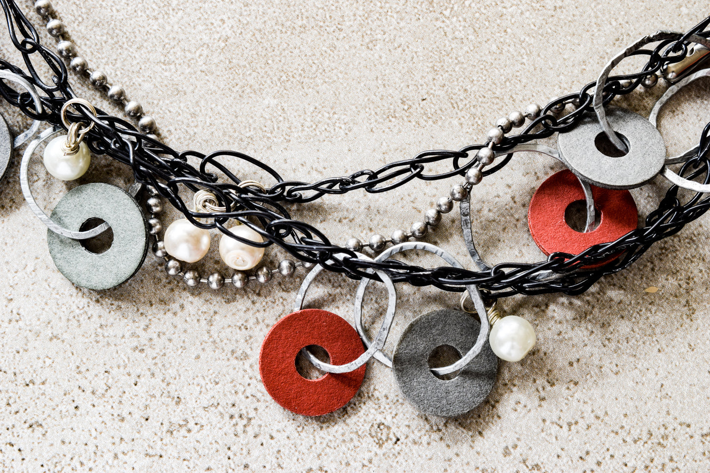 Rings, Most Awesome Necklace with Woven Wire, Ball Chain, Pearls, and Washers