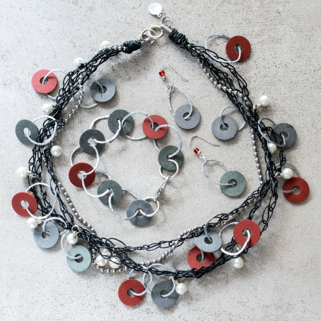 Rings, Hammered Steel Bracelet with Red and Black Fibre Washers