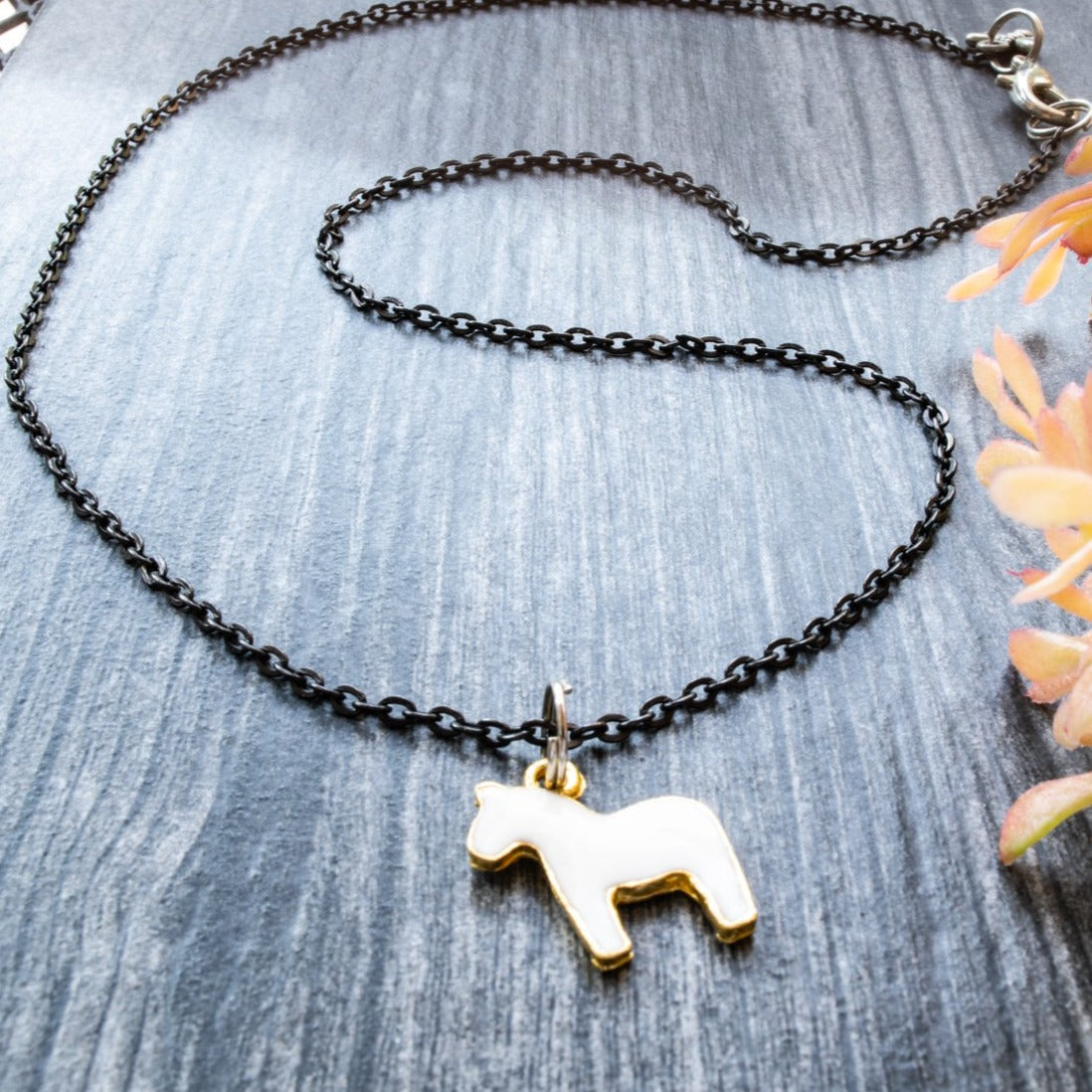 Little Pony, Gunmetal Chain Necklace with Little White Pony