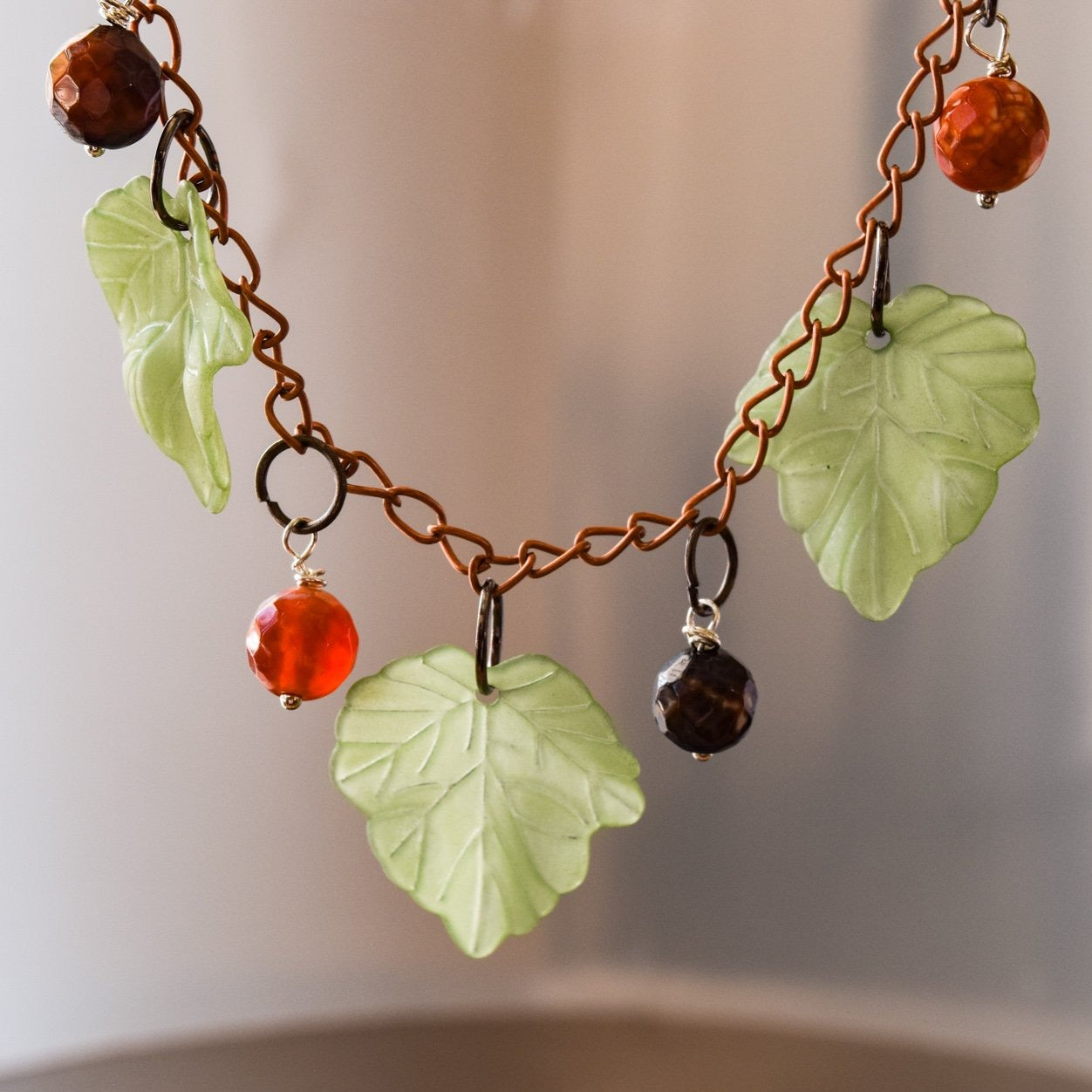 Expressions in Red Fire Agate, 18-inch Copper Leaf Necklace