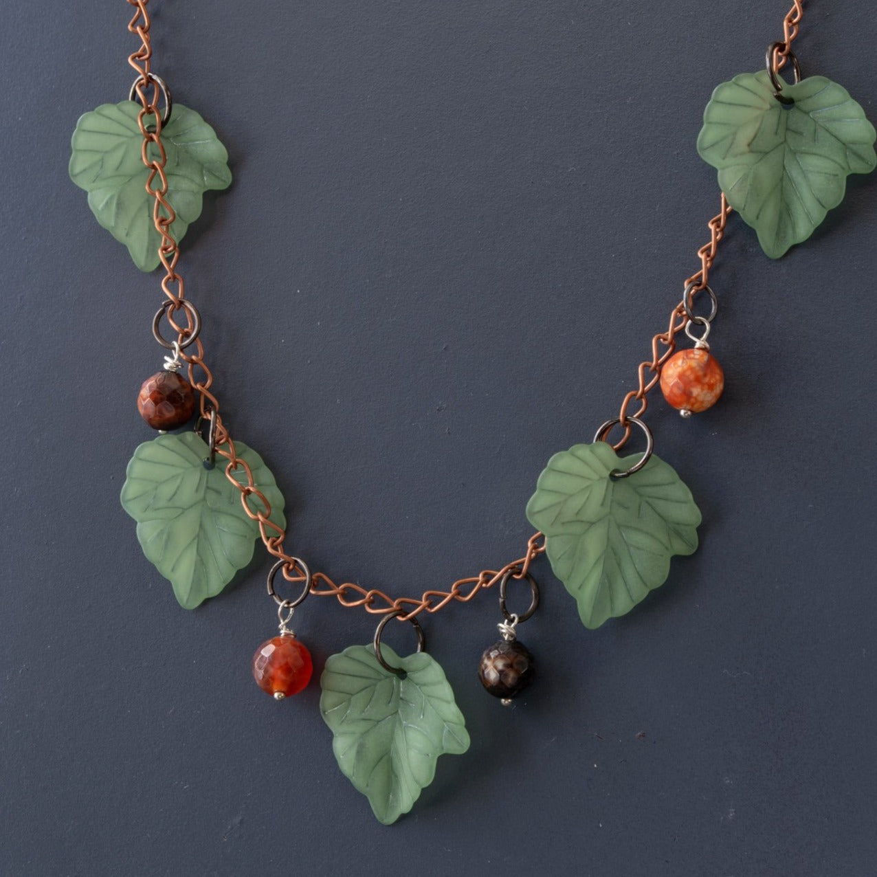 Expressions in Red Fire Agate, 18-inch Copper Leaf Necklace