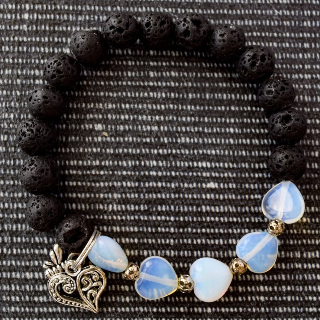 Expressions in Opalite, Stretch Bracelet with Opalite Hearts with Lava Stone Beads