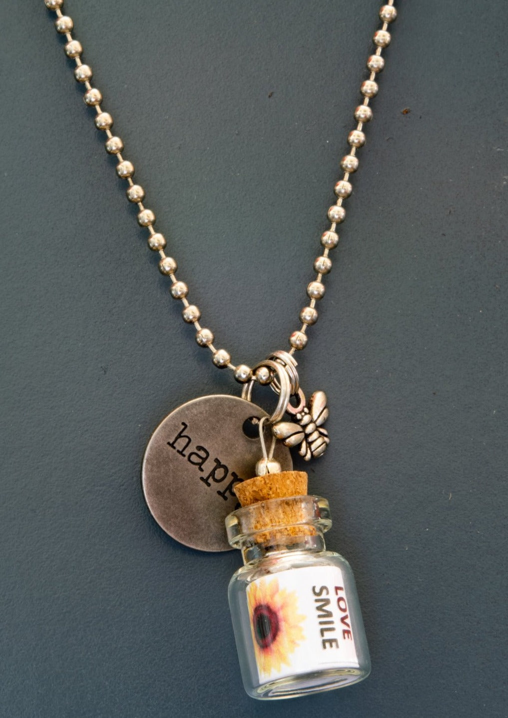 Little Messages, Ball Chain Necklace with "Happy" Glass Bottle Pendent