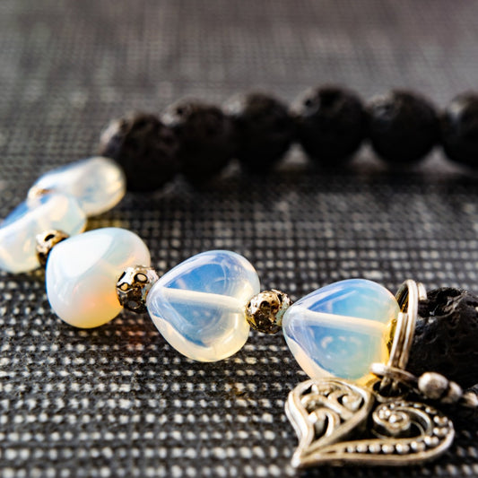 Expressions in Opalite, Stretch Bracelet with Opalite Hearts with Lava Stone Beads