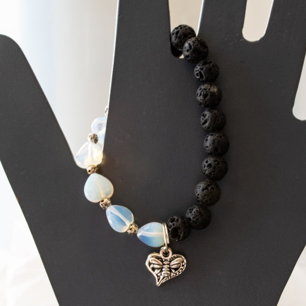 Expressions in Opalite, Stretch Bracelet with Opalite Hearts with Lava Stone Beads