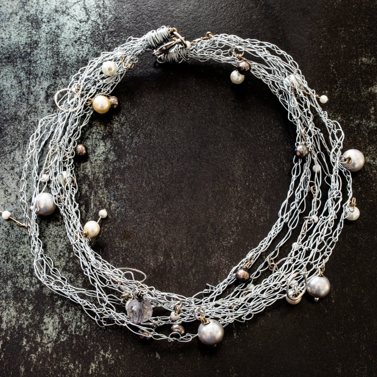 Rain Drops, Woven Steel Necklace with Clear, White, Silver, and Gray Beads