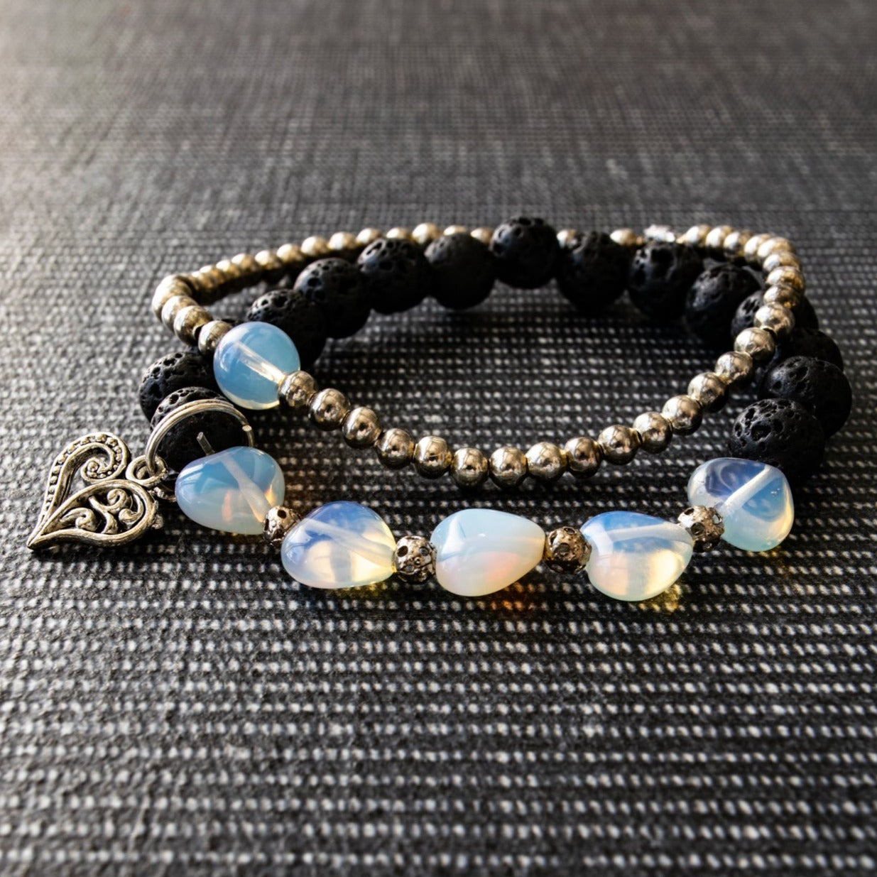 Expressions in Opalite, Stretch Bracelet with Opalite Hearts with Lava Stone Beads