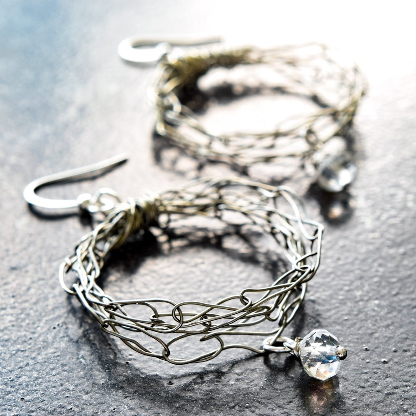 Rain Drops, Woven Wire Dangle Hoop Earrings with Clear Crystals